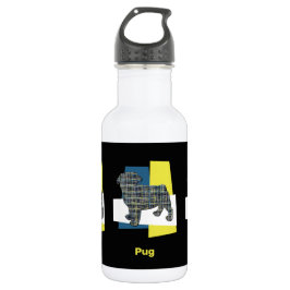 Mops Haustier Hund Silhouette Gelb & Blau Gitter Edelstahlflasche