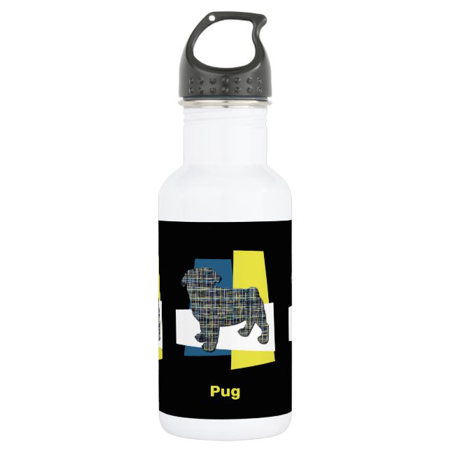 Mops Haustier Hund Silhouette Gelb & Blau Gitter Edelstahlflasche (Vorderseite)