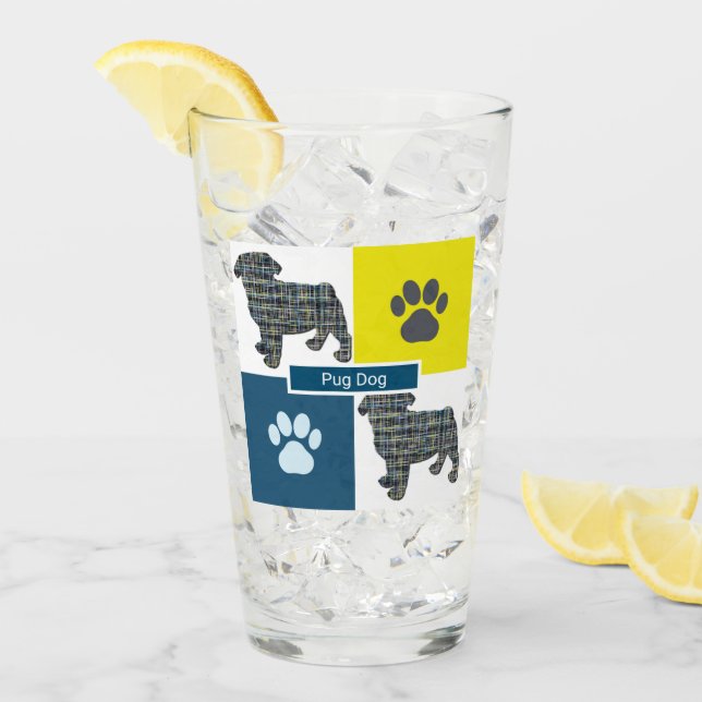 Mops Haustier Silhouette Hund & Paw Gelb & Blau Gr Glas (Vorderseite Ice)
