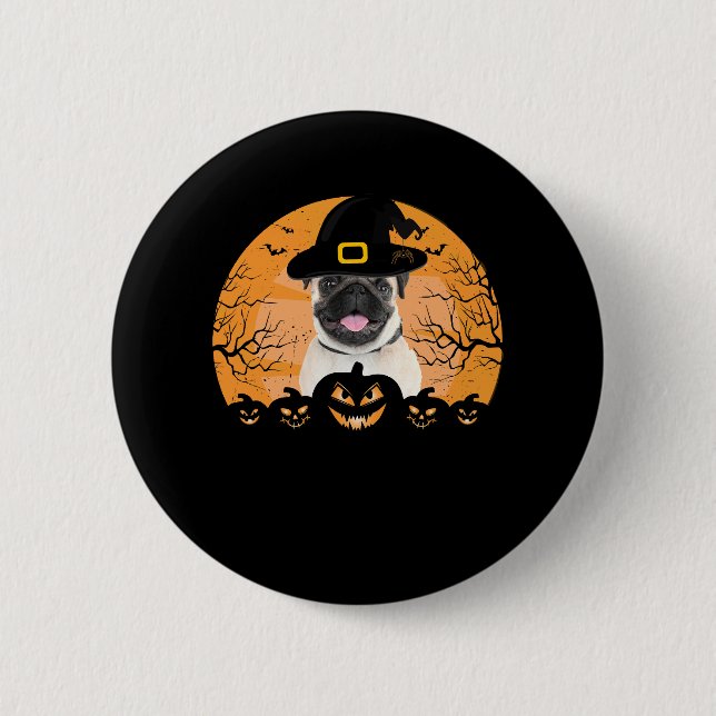 Mops Hexenhut Jack-o-Lantern Hunde Halloween T-Shi Button (Vorderseite)