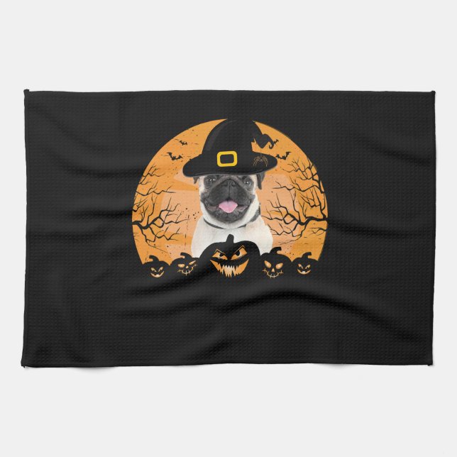 Mops Hexenhut Jack-o-Lantern Hunde Halloween T-Shi Geschirrtuch (Horizontal)