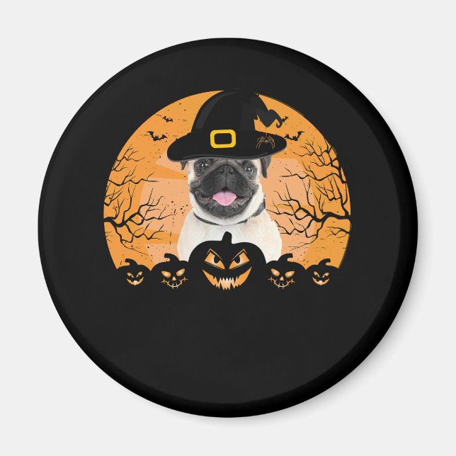 Mops Hexenhut Jack-o-Lantern Hunde Halloween T-Shi Magnet (Vorne)
