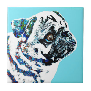 Mops Hund 166 blauer Hintergrund Fliese