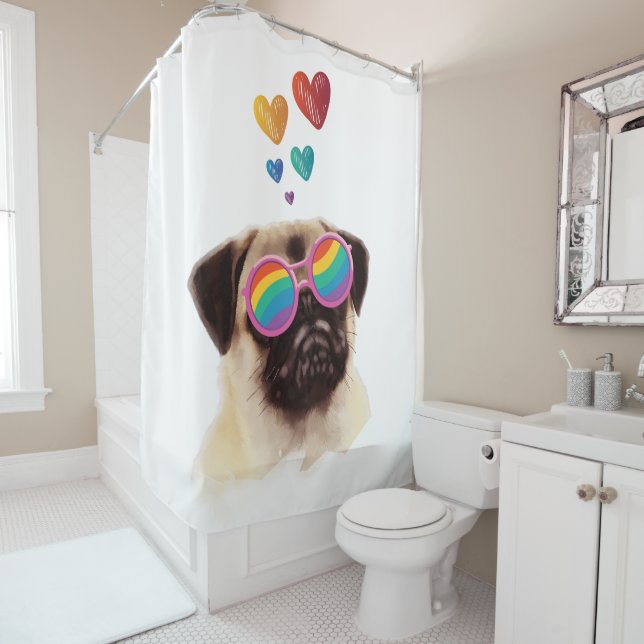 Mops Hund am Herztag Valentinstag Duschvorhang (Beispiel)