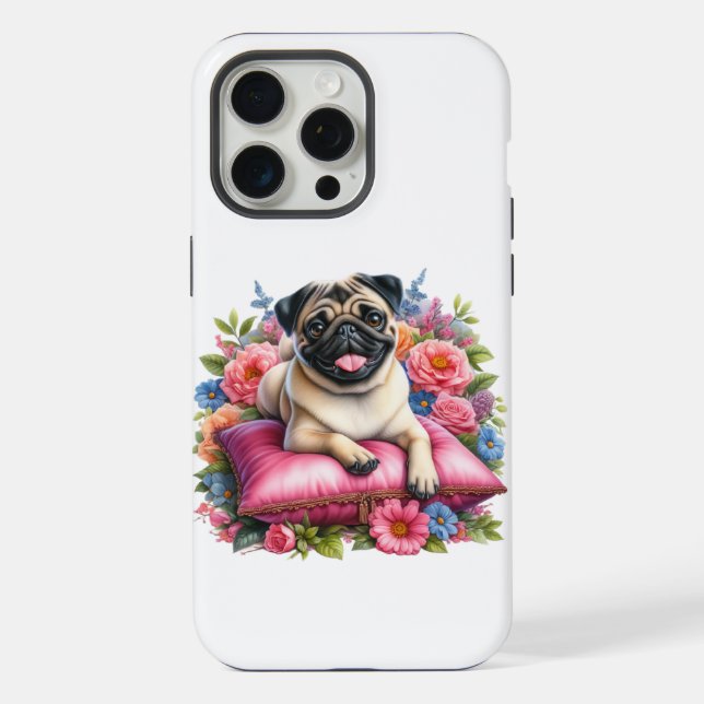 Mops Hund auf einem Kissen mit Blume in Wasserfarb iPhone 15 Pro Max Hülle (Rückseite)