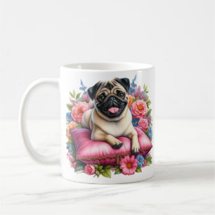 Mops Hund auf einem Kissen mit Blume in Wasserfarb Kaffeetasse