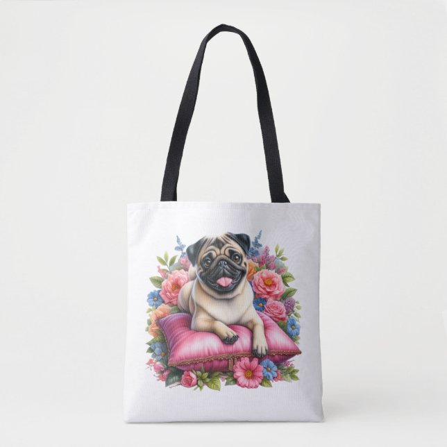 Mops Hund auf einem Kissen mit Blume in Wasserfarb Tasche (Vorderseite)