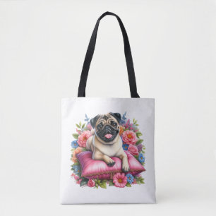 Mops-Hund auf einem Kissen mit Blumen in Wasserfar Tasche