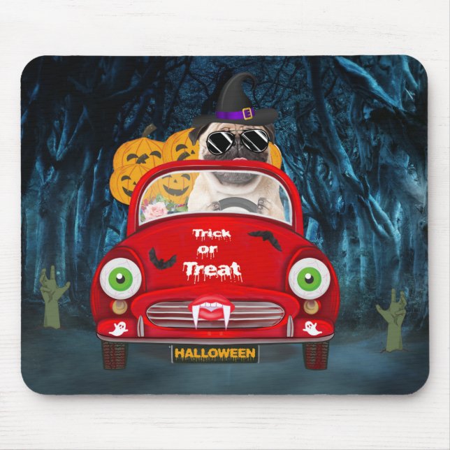 Mops Hund Autofahren Auto Beängstigend Halloween Mousepad (Vorne)