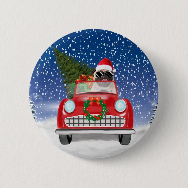 Mops Hund Autofahren im Schnee Weihnachten Button (Vorderseite)