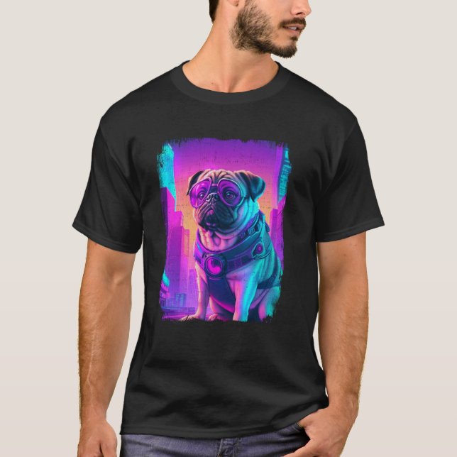 Mops Hund Cyber Vaporwave 80er Synthwave Retrowave T-Shirt (Vorderseite)