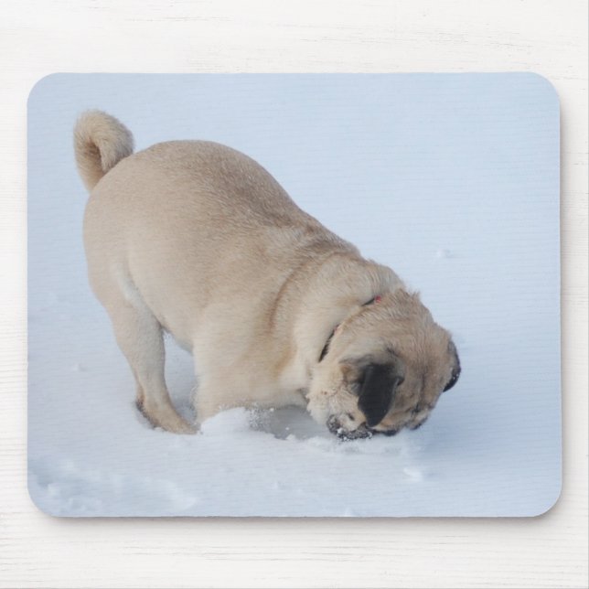 Mops-Hund, der den Winter-Schnee spielt Mousepad (Vorne)