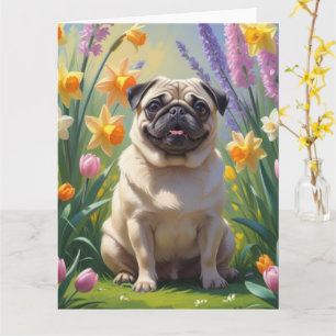Mops-Hund-Frühlingsblumen-Malerei Karte