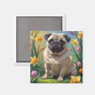 Mops-Hund-Frühlingsblumen-Malerei Magnet