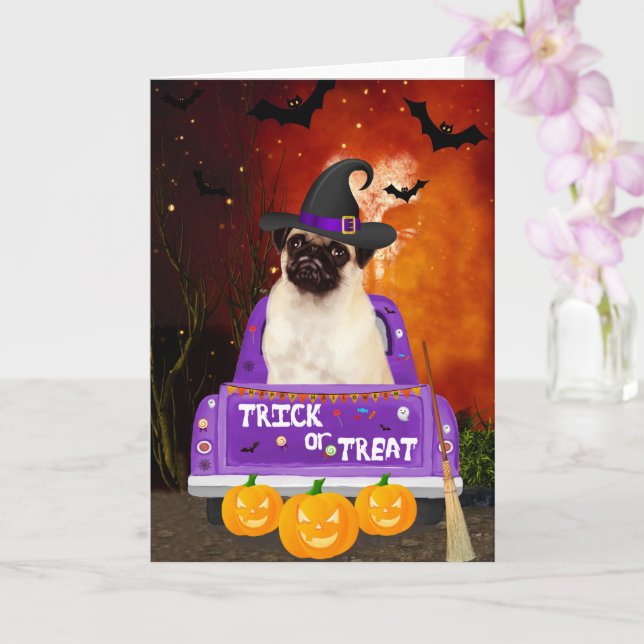Mops Hund im Halloween-Lkw Karte (Orchidee)