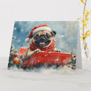 Mops-Hund im Schlitten Lass es schneien Weihnachte Karte