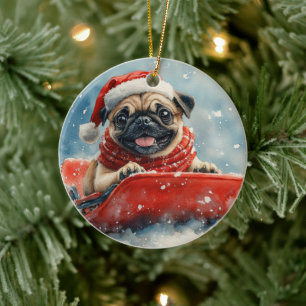 Mops-Hund im Schlitten Lass es schneien Weihnachte Keramik Ornament
