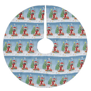 Mops Hund im Schnee mit Weihnachtsgeschenken Polyester Weihnachtsbaumdecke