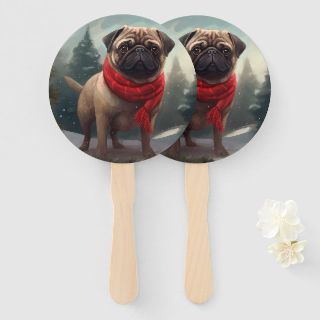 Mops Hund im Schnee Weihnachten Fächer (Vorne und Hinten)