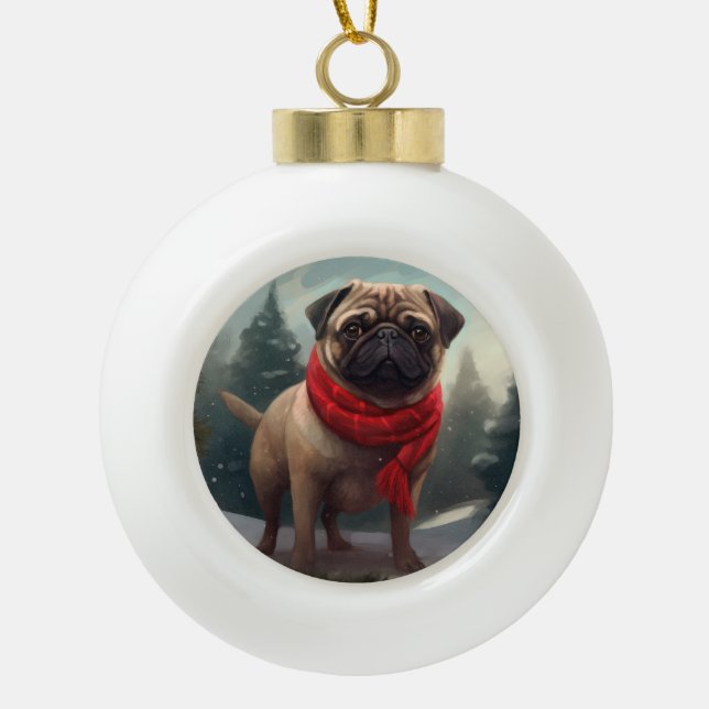 Mops Hund im Schnee Weihnachten Keramik Kugel-Ornament (Vorderseite)