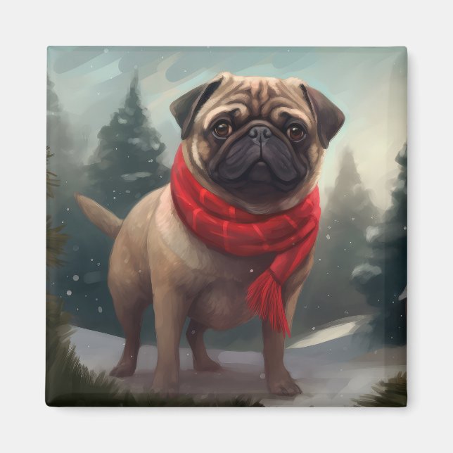 Mops Hund im Schnee Weihnachten Magnet (Vorne)