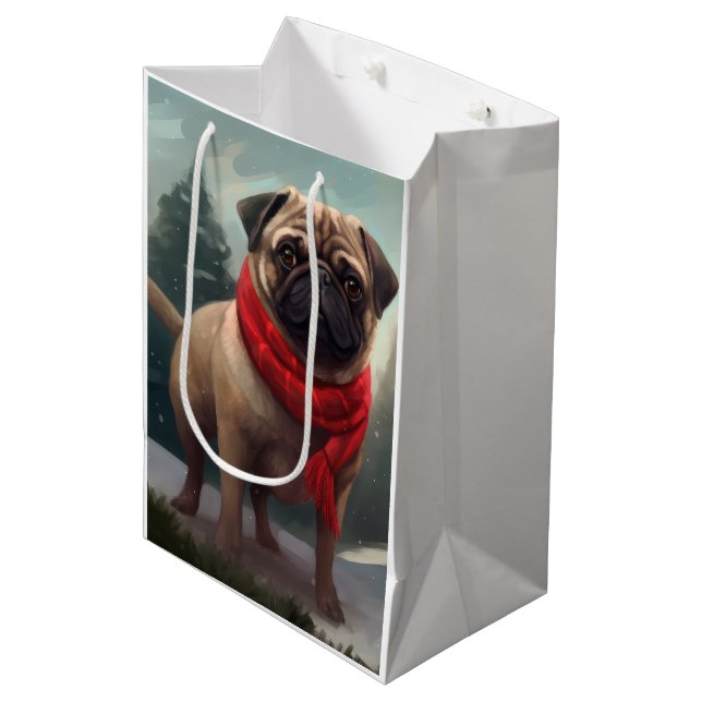 Mops Hund im Schnee Weihnachten Mittlere Geschenktüte (Vorderseite Schrägansicht)