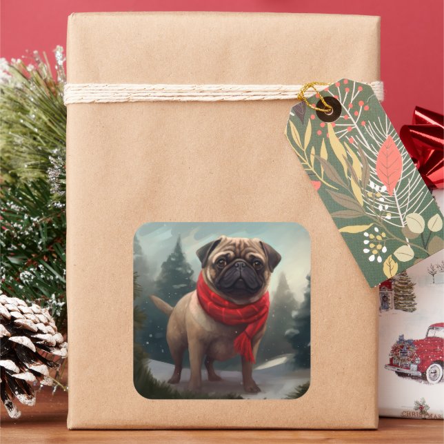 Mops Hund im Schnee Weihnachten Quadratischer Aufkleber (Feiertag)