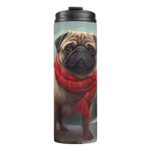 Mops Hund im Schnee Weihnachten Thermosbecher
