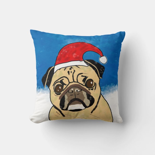 Mops Hund im Schnee Weihnachten Wasserfarben Kissen (Vorderseite)