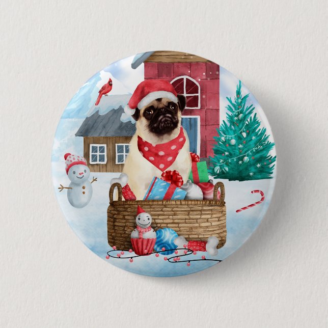 Mops Hund im Schnee Weihnachtshundehaus Button (Vorderseite)