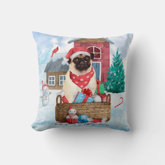 Mops Hund im Schnee Weihnachtshundehaus Kissen (Vorderseite)