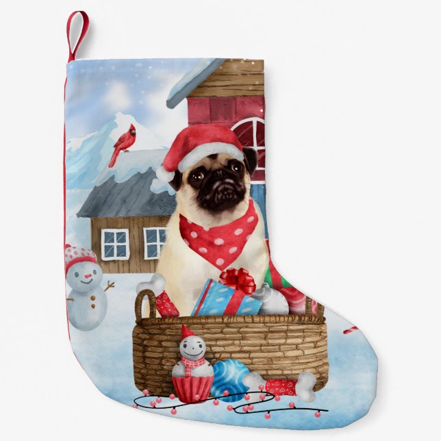 Mops Hund im Schnee Weihnachtshundehaus Kleiner Weihnachtsstrumpf (Vorderseite)
