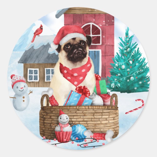 Mops Hund im Schnee Weihnachtshundehaus Runder Aufkleber (Vorderseite)