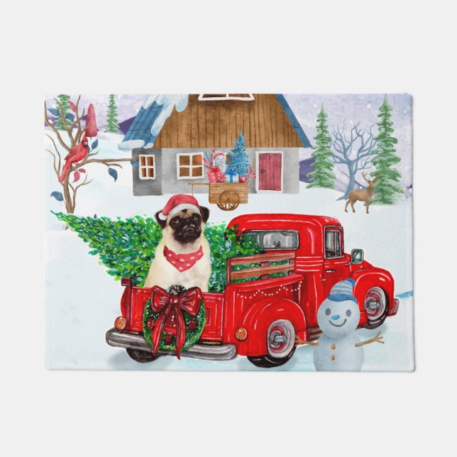 Mops Hund in der Weihnachtslieferung LKW Schnee Fußmatte (Vorderseite)