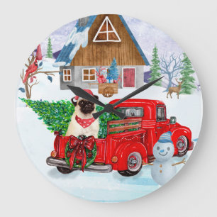 Mops Hund in der Weihnachtslieferung LKW Schnee Große Wanduhr