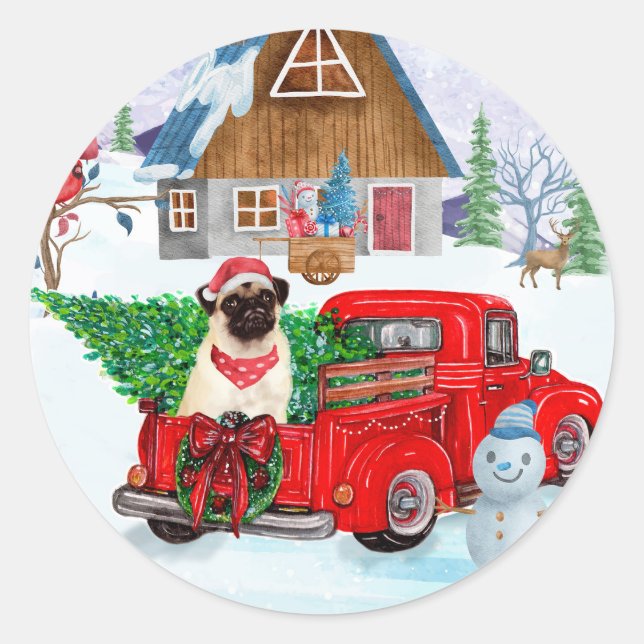 Mops Hund in der Weihnachtslieferung LKW Schnee Runder Aufkleber (Vorderseite)