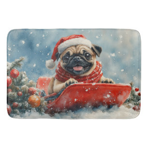 Mops Hund in Sledge Lass es Schnee Weihnachten Badematte
