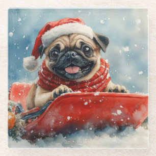 Mops Hund in Sledge Lass es Schnee Weihnachten Glasuntersetzer