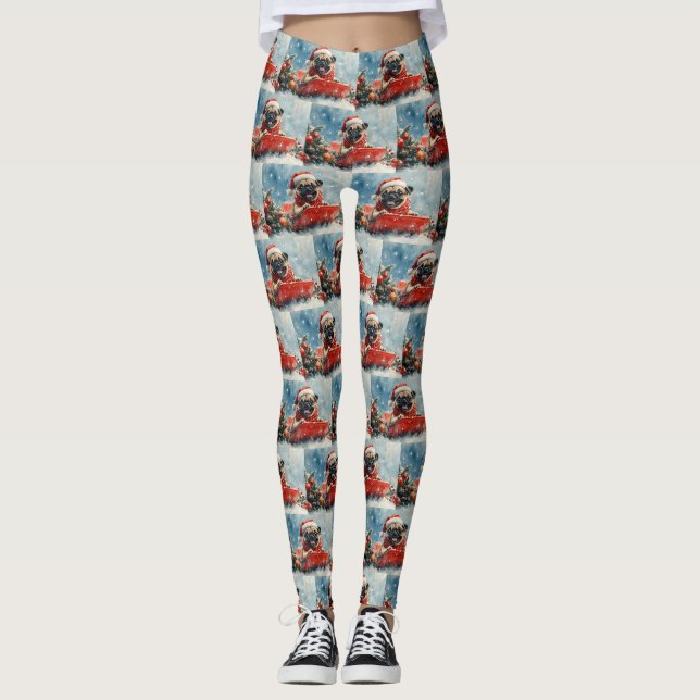 Mops Hund in Sledge Lass es Schnee Weihnachten Leggings (Vorderseite)