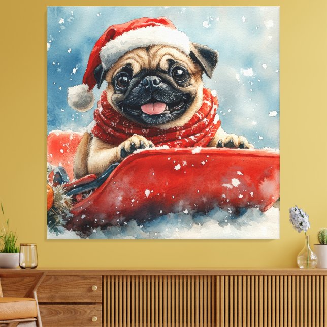 Mops Hund in Sledge Lass es Schnee Weihnachten Leinwanddruck (Insitu (Wohnzimmer))
