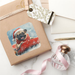 Mops Hund in Sledge Lass es Schnee Weihnachten Quadratischer Aufkleber