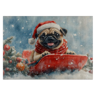 Mops Hund in Sledge Lass es Schnee Weihnachten Schneidebrett