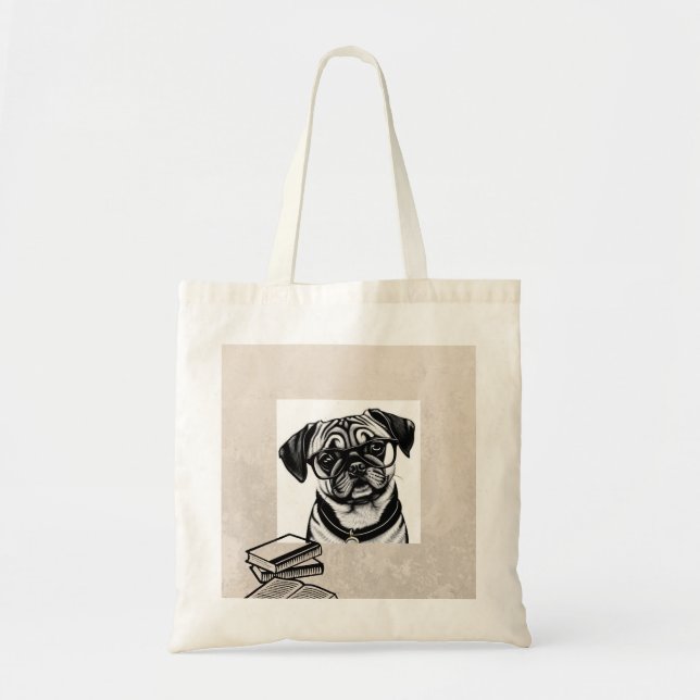 Mops Hund mit Brille und Bücher Tasche (Vorne)