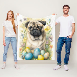 Mops Hund mit Ostereiern Urlaub Fleecedecke