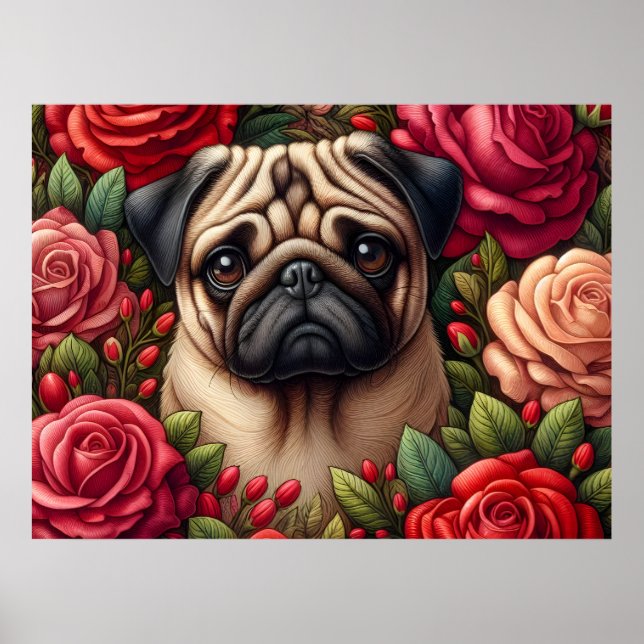 Mops Hund mit roten Rosen Poster (Vorne)