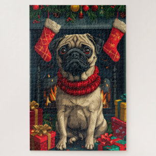 Mops-Hund mit Weihnachtsgeschenken am Kamin