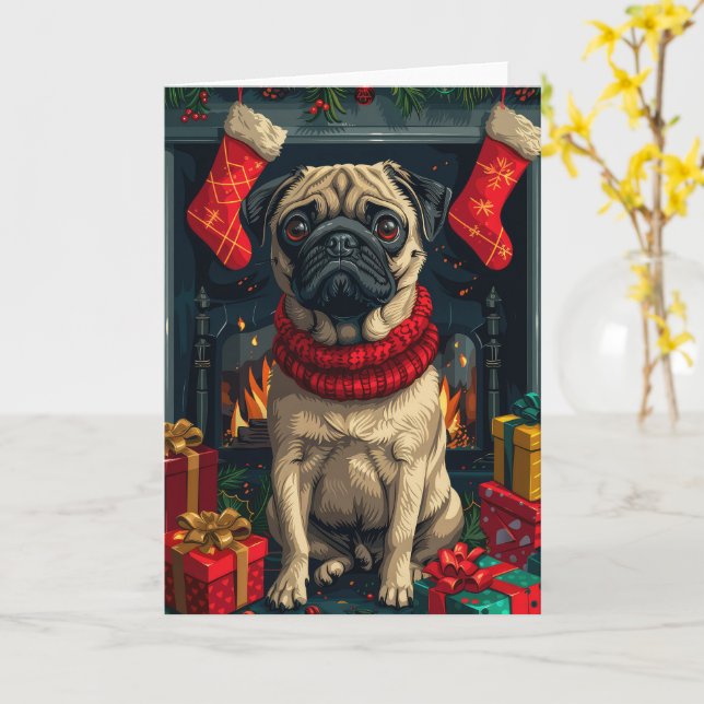 Mops Hund mit Weihnachtsgeschenken Feuerplatz Karte (Gelbe Blume)