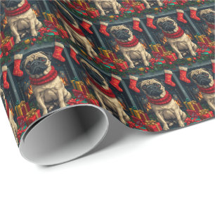 Mops Hund mit Weihnachtsgeschenken Kamin Geschenkpapier