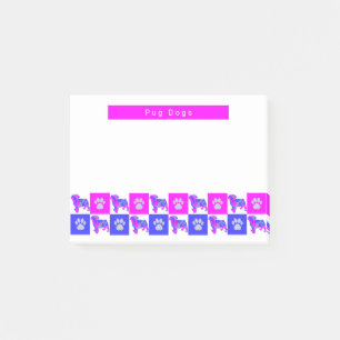 Mops Hund & Paw Hot Pink & Blue Silhouette Post-it Klebezettel