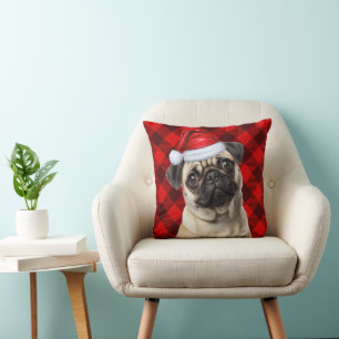 Mops Hund Roter Buffalo Karo Weihnachten Urlaub Kissen